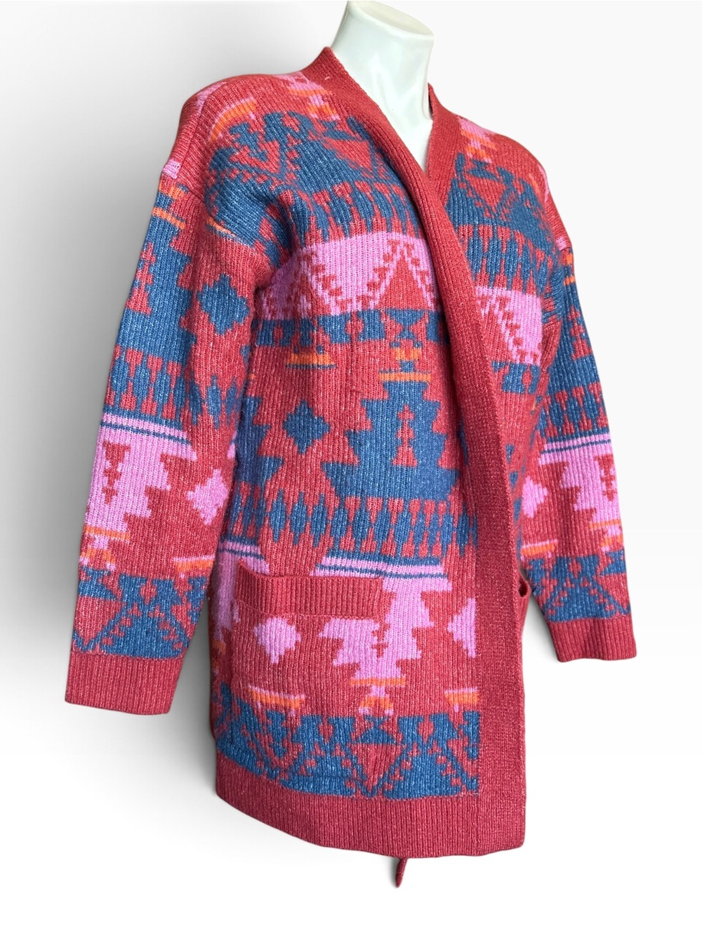 Lucky Brand Large Southwestern Aztec Open Front Cardigan Sweater Red Pink Blue